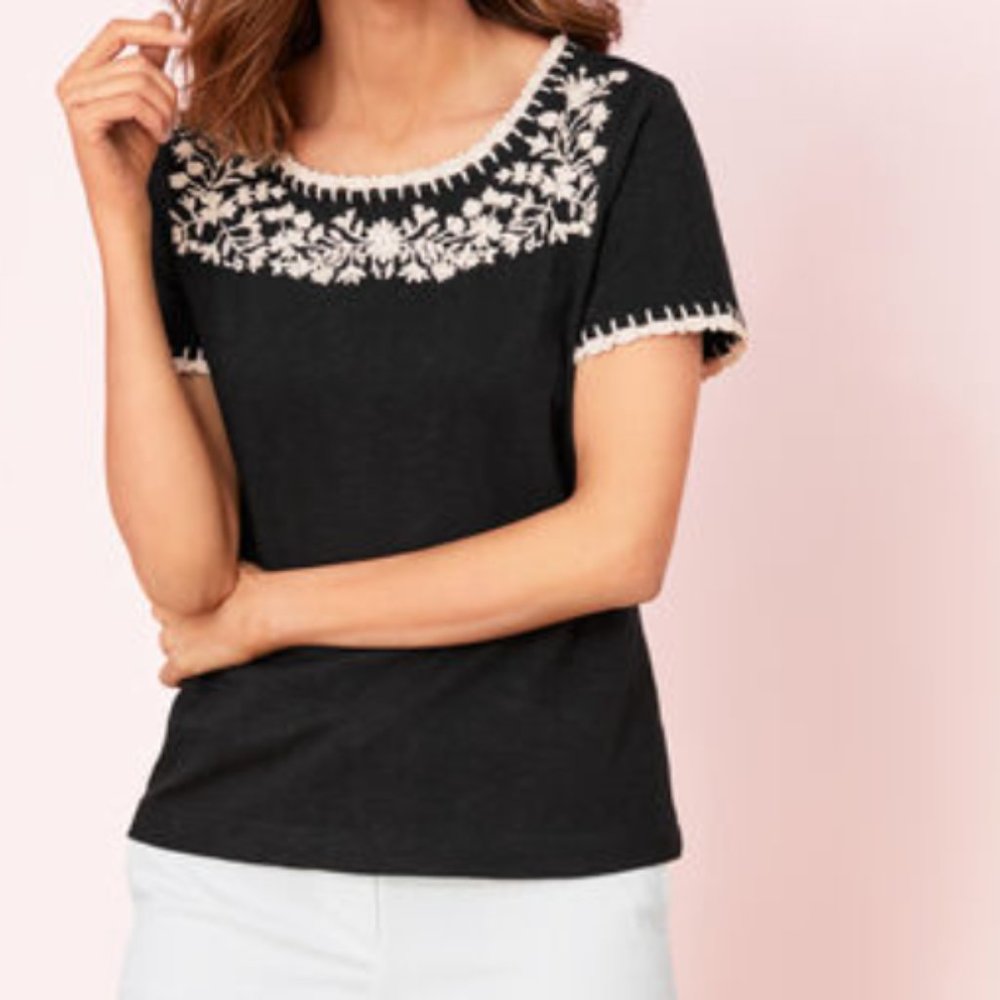 Talbots Crochet Yoke Tee - Black and White